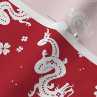 Happy Chinese new year - 2024 year of the dragon oriental asian dragons and flowers modern illustration white on red