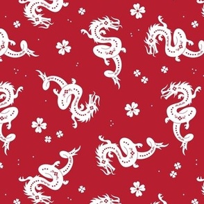 Happy Chinese new year - 2024 year of the dragon oriental asian dragons and flowers modern illustration white on red