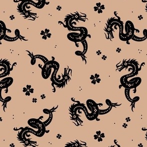 Happy Chinese new year - 2024 year of the dragon oriental asian dragons and flowers modern illustration black on latte beige