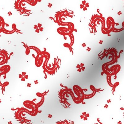 Happy Chinese new year - 2024 year of the dragon oriental asian dragons and flowers modern illustration deep red on white