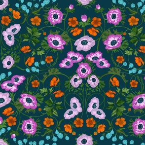 Vintage Anemones, Delphinium  & Buttercups  Arts and Crafts Scroll Style; Orange , Purple, Lilac, Turquoise, Green on Navy