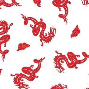 Happy Chinese new year - 2024 year of the dragon oriental asian dragons and clouds modern illustration deep red on white