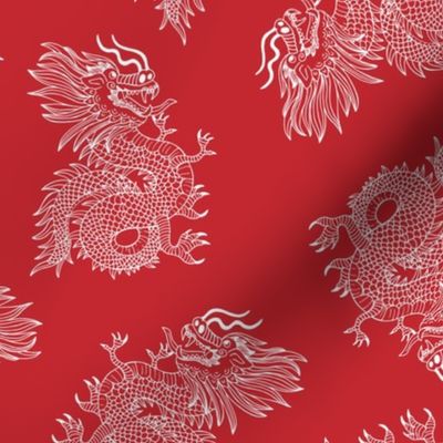 Year of the Dragon - happy chinese new year 2024 oriental freehand traditional dragons white on red