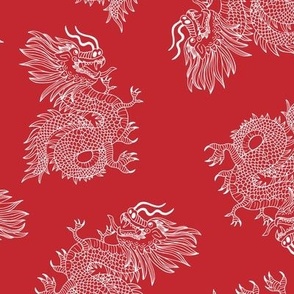 Year of the Dragon - happy chinese new year 2024 oriental freehand traditional dragons white on red