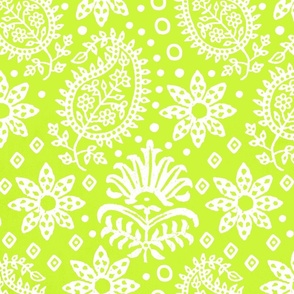 Vintage Indian Blockprint Pattern Charming Nostalgic Boho Style  White On Lime Green