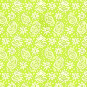 Vintage Indian Blockprint Pattern Charming Nostalgic Boho Style  White On Lime Green Smaller Scale