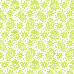 Vintage Indian Blockprint Pattern Charming Nostalgic Boho Style Lime Green On White Smaller Scale