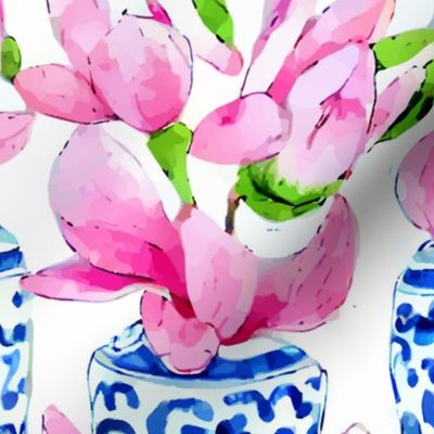 Blue and white chinoiserie jars with magnolia flowers