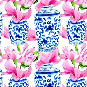 Blue and white chinoiserie jars with magnolia flowers