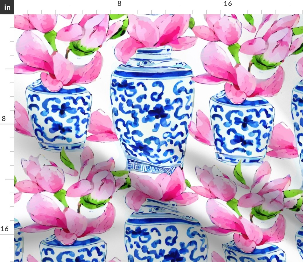 Blue and white chinoiserie jars with magnolia flowers