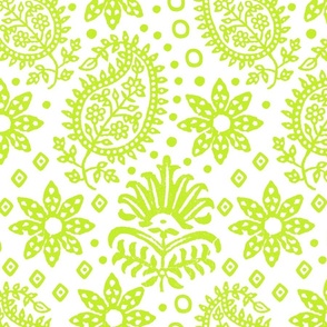Vintage Indian Blockprint Pattern Charming Nostalgic Boho Style Lime Green On White 