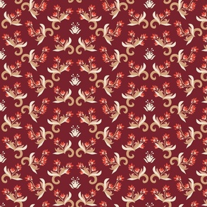 Damask Floral with Stencil-bright coral, and tans on burgundy-13x4.5in