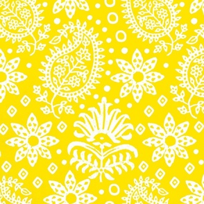 Vintage Indian Blockprint Pattern Charming Nostalgic Boho Style White On Yellow 