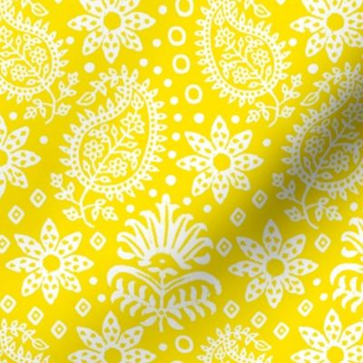 Vintage Indian Blockprint Pattern Charming Nostalgic Boho Style White On Yellow  Smaller Scale