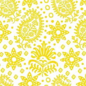 Vintage Indian Blockprint Pattern Charming Nostalgic Boho Style  Yellow  On White
