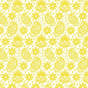 Vintage Indian Blockprint Pattern Charming Nostalgic Boho Style  Yellow  On White Smaller Scale