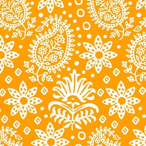 Vintage Indian Blockprint Pattern Charming Nostalgic Boho Style  White On Orange