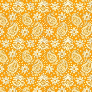 Vintage Indian Blockprint Pattern Charming Nostalgic Boho Style  White On Orange Smaller Scale
