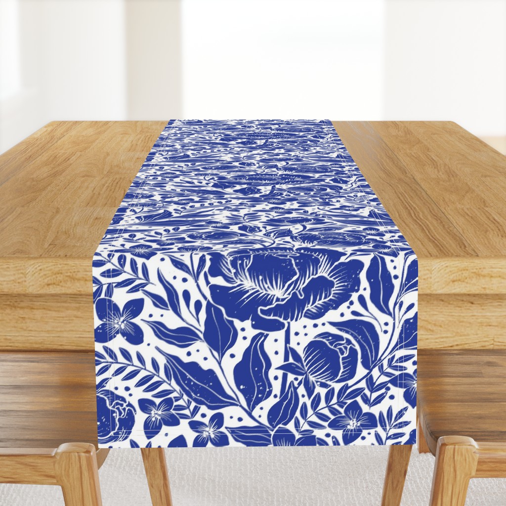 Peonies - botanical Art Nouveau large scale Victorian wallpaper cobalt blue and white