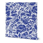 Peonies - botanical Art Nouveau large scale Victorian wallpaper cobalt blue and white