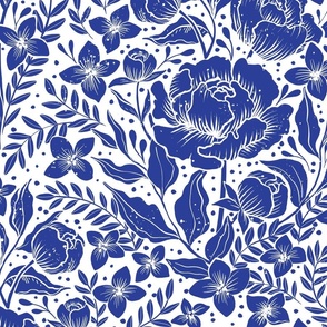 Peonies - botanical Art Nouveau large scale Victorian wallpaper cobalt blue and white