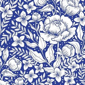 Peonies - botanical Art Nouveau large scale Victorian wallpaper white and cobalt blue