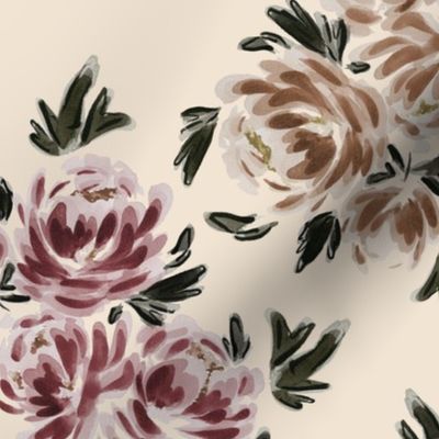 Medium - Traditional Painted Peonies  - Watercolour, Art Nouveau Florals - Cream