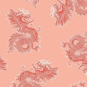 Year of the Dragon - happy chinese new year 2024 oriental freehand traditional dragons red white on peach