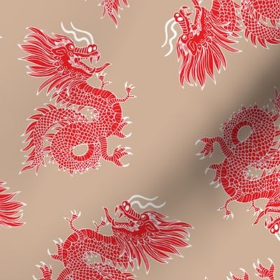 Year of the Dragon - happy chinese new year 2024 oriental freehand traditional dragons red white on latte beige