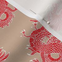 Year of the Dragon - happy chinese new year 2024 oriental freehand traditional dragons red white on latte beige