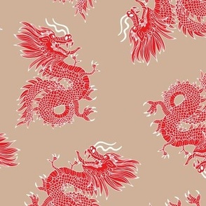 Year of the Dragon - happy chinese new year 2024 oriental freehand traditional dragons red white on latte beige
