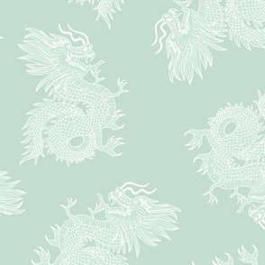 Year of the Dragon - happy chinese new year 2024 oriental freehand traditional dragons white on soft mint green