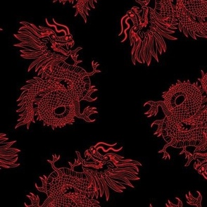 Year of the Dragon - happy chinese new year 2024 oriental freehand traditional dragons red on black