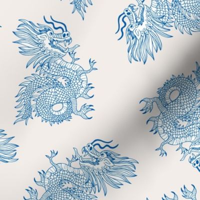 Year of the Dragon - happy chinese new year 2024 oriental freehand traditional dragons china blue on ivory