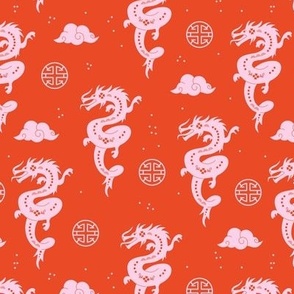 Chinese dragons - year of the dragon fantasy creatures 2024 Happy New year China pink on tangerine orange