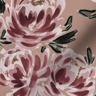 Large - Traditional Painted Peonies  - Watercolour, Art Nouveau Florals -  Blush  - Wallpaper