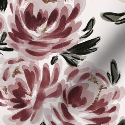 Large - Traditional Painted Peonies - Watercolour, Art Nouveau Florals - White - Wallpaper