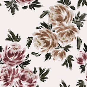 Large - Traditional Painted Peonies - Watercolour, Art Nouveau Florals - White - Wallpaper