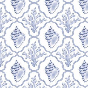  Medium // Sea Shell and Coral Blue on White Background // Under the Sea Theme 