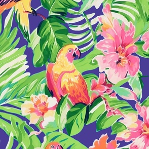 Parrot Haven - Parrots and Flowers on Purple