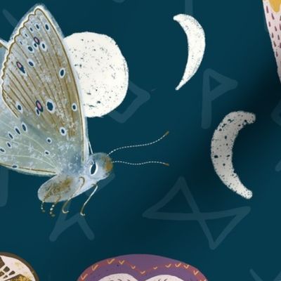 Magical Meadow Moths & Owls - Prussian Blue - Largescale 35 inch