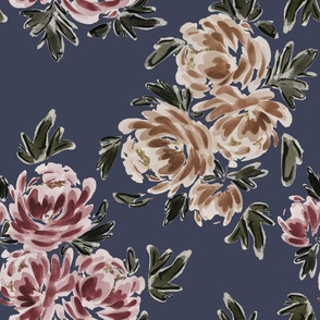 Large - Traditional Painted Peonies - Watercolour, Art Nouveau Florals - Navy  - Wallpaper