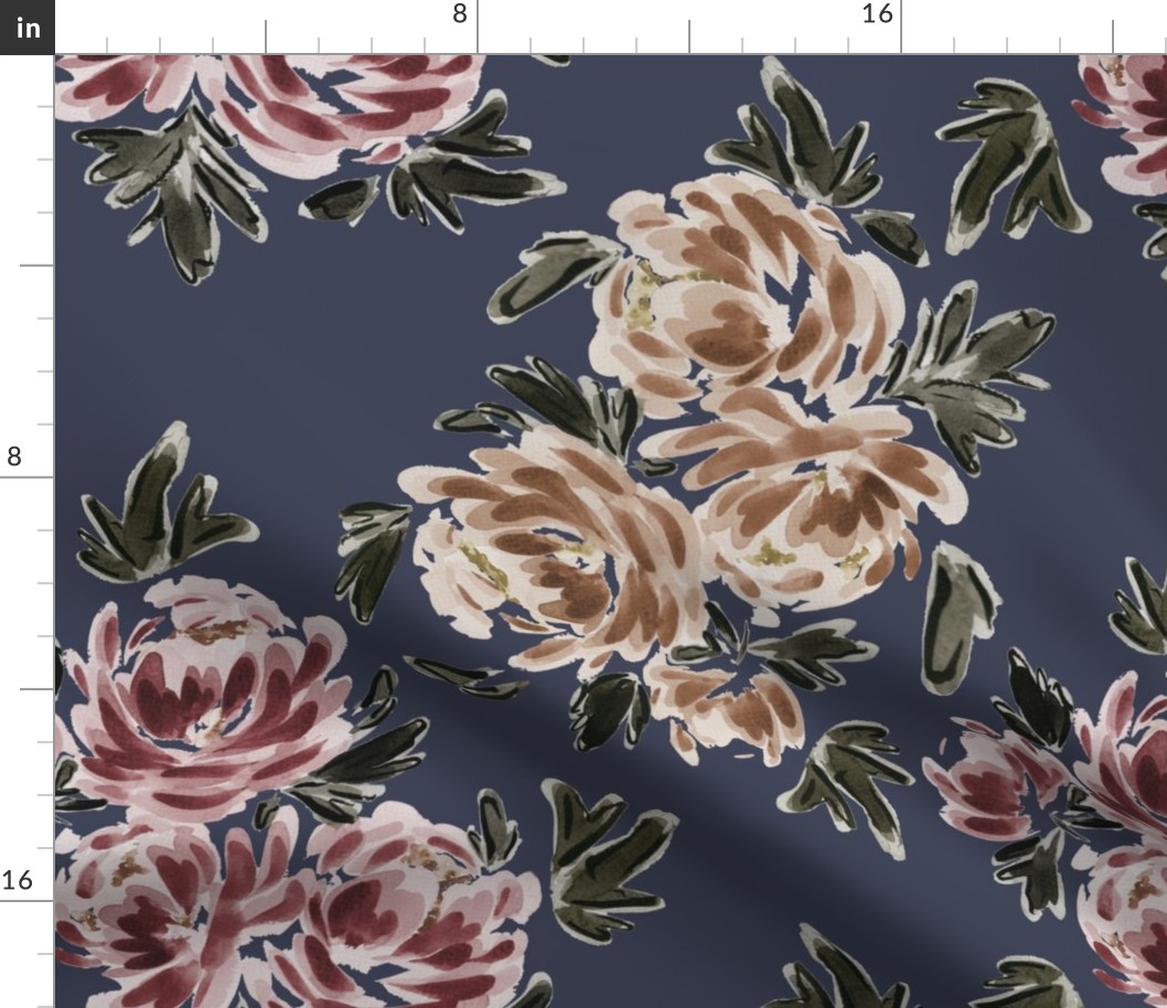 Large - Traditional Painted Peonies - Watercolour, Art Nouveau Florals - Navy  - Wallpaper