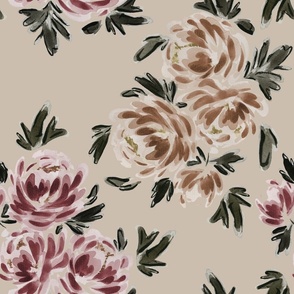 Large - Traditional Painted Peonies  - Watercolour, Art Nouveau Florals, Earth Tone - Beige - Wallpaper