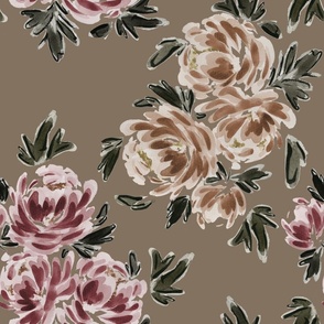 Large - Traditional Painted Peonies - Watercolour, Art Nouveau Florals - Burnt Brown, Earth Tones - Wallpaper
