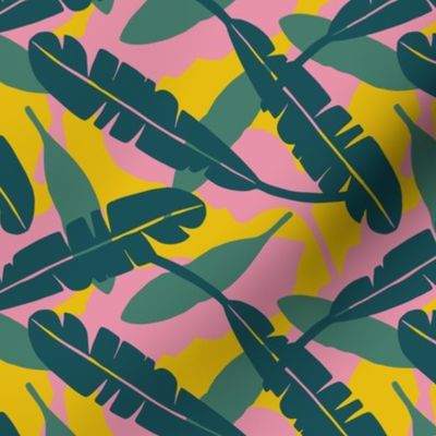 Teal Green Pink Yellow Banana Leaves Jungle Tropical Fruit Leaf Large Scale