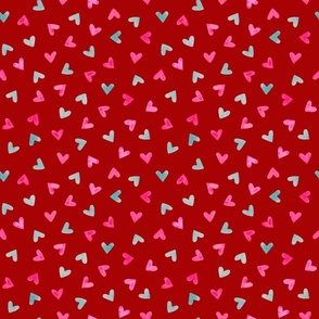 Pink and Teal Handpainted Hearts on Deep Red - Small