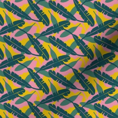 Teal Green Pink Yellow Banana Leaves Jungle Tropical Fruit Leaf Small Scale