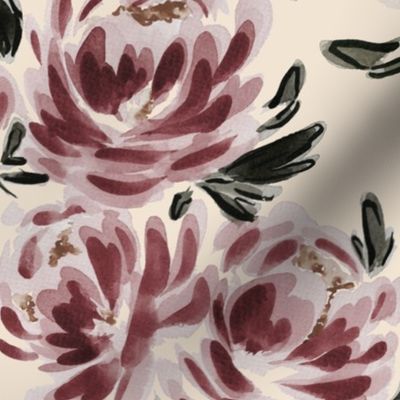 Large - Traditional Painted Peonies  - Watercolour, Art Nouveau Florals - Cream - Wallpaper