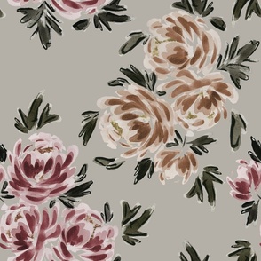 Large - Traditional Painted Peonies  - Watercolour, Art Nouveau Florals - Green Grey - Wallpaper